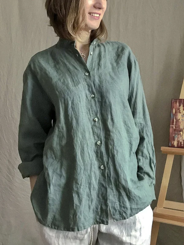 Retro Cotton And Linen Solid Color Long-Sleeved Shirt
