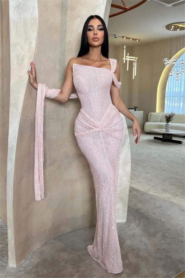  Shinning  Blushing Pink  Long Prom Dress mermaid with Asymmetric - Ohprom