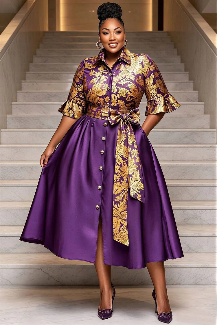 Xpluswear Design Plus Size Churchs Purple Graphic Shirt Collar Short Sleeve Foil Print Pocket Satin Midi Dresses [Pre-Order] 2024 - Xpluswear