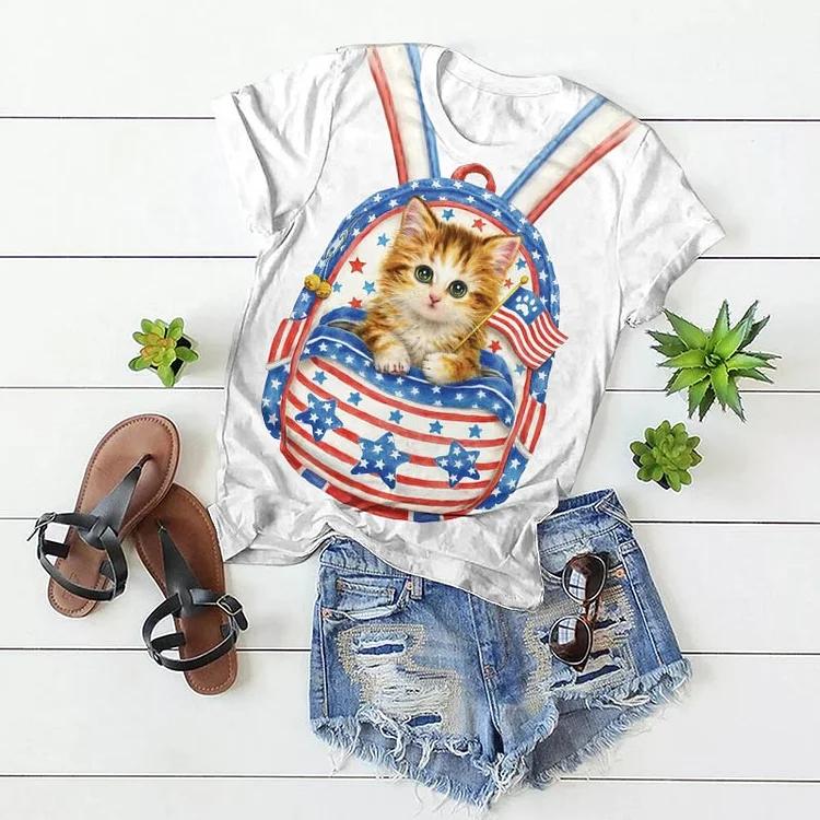 Women's Cute American Flag Color Backpack Kitten Print Casual Short Sleeve T-shirt