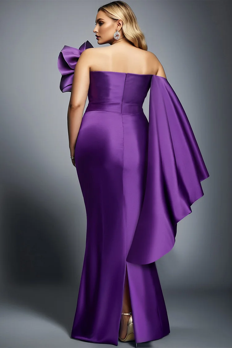 Xpluswear Design Plus Size Formal Purple Elegant Off The Shoulder 3D Bodycon Satin Maxi Dresses