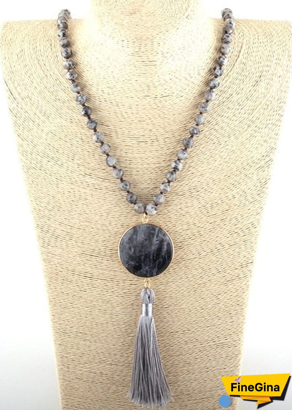 Boho Necklace, RH Amazonite Jasper, Circle Tassel Green White Natural Stone