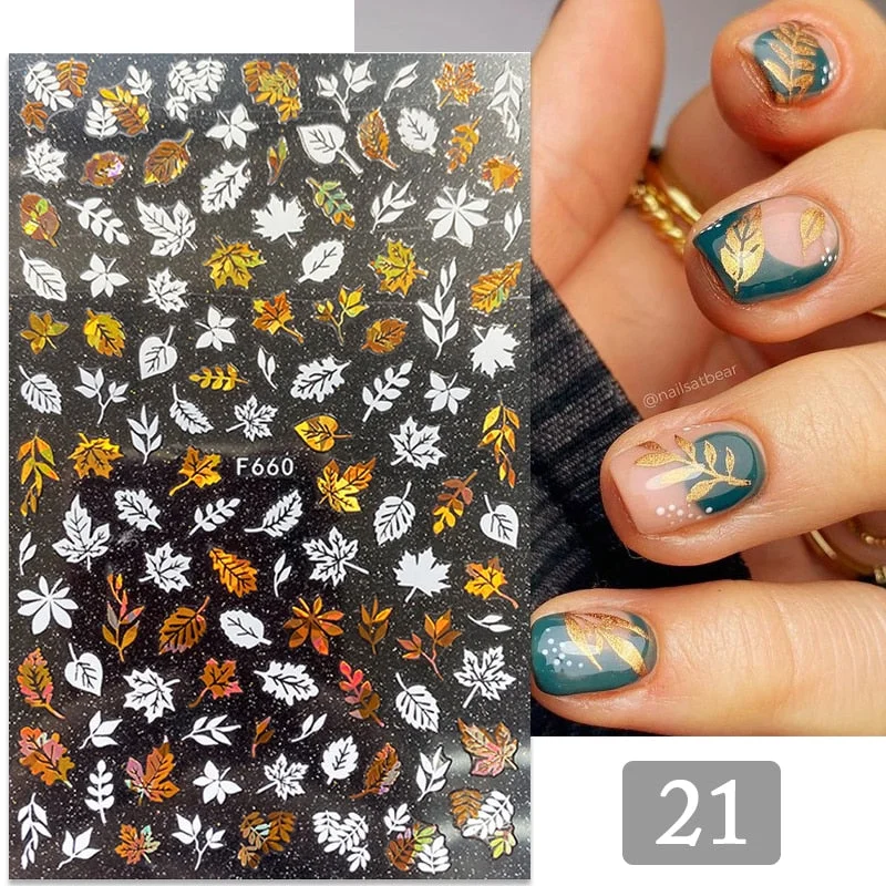 Iridescent Bronzing Fall Leaf 3D Nail Sticker Autumn Gold Black Sparkly Maple Leaves Decals Slider Nail Art Decoration Manicures