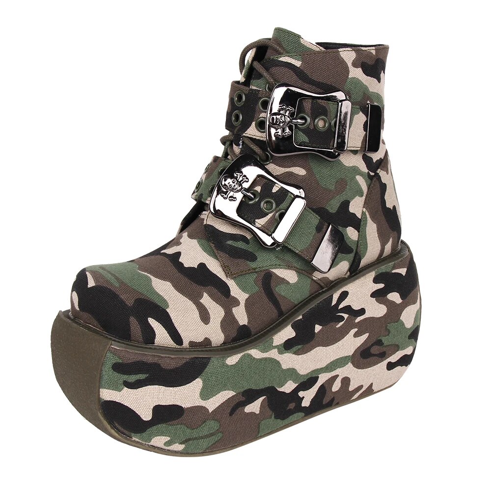 TAAFO Women Punk Motorcycle Cool Camouflage Ankle Boots Woman High Heel Pumps Platform Shoes Buckle10cm Plus Size 