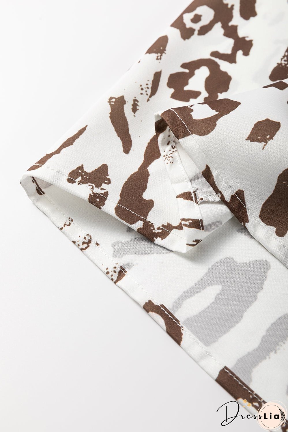 Khaki Leopard Print Split Neck Balloon Sleeve Blouse