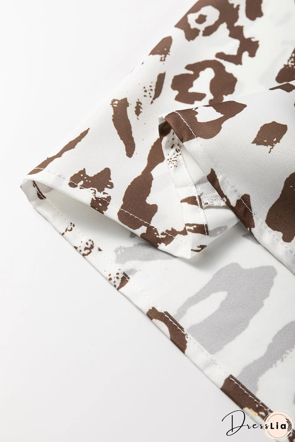 Khaki Leopard Print Split Neck Balloon Sleeve Blouse