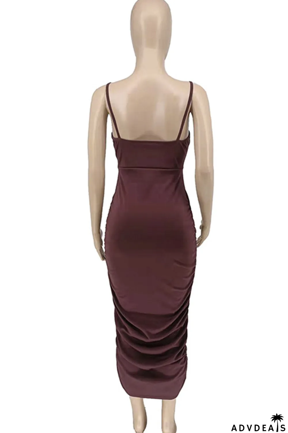 Coffee Sexy Solid Split Joint Spaghetti Strap Sling Dress Dresses