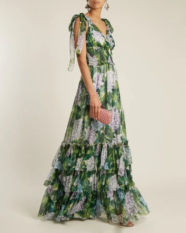 Green Ruffled Floral-print Silk-chiffon Gown