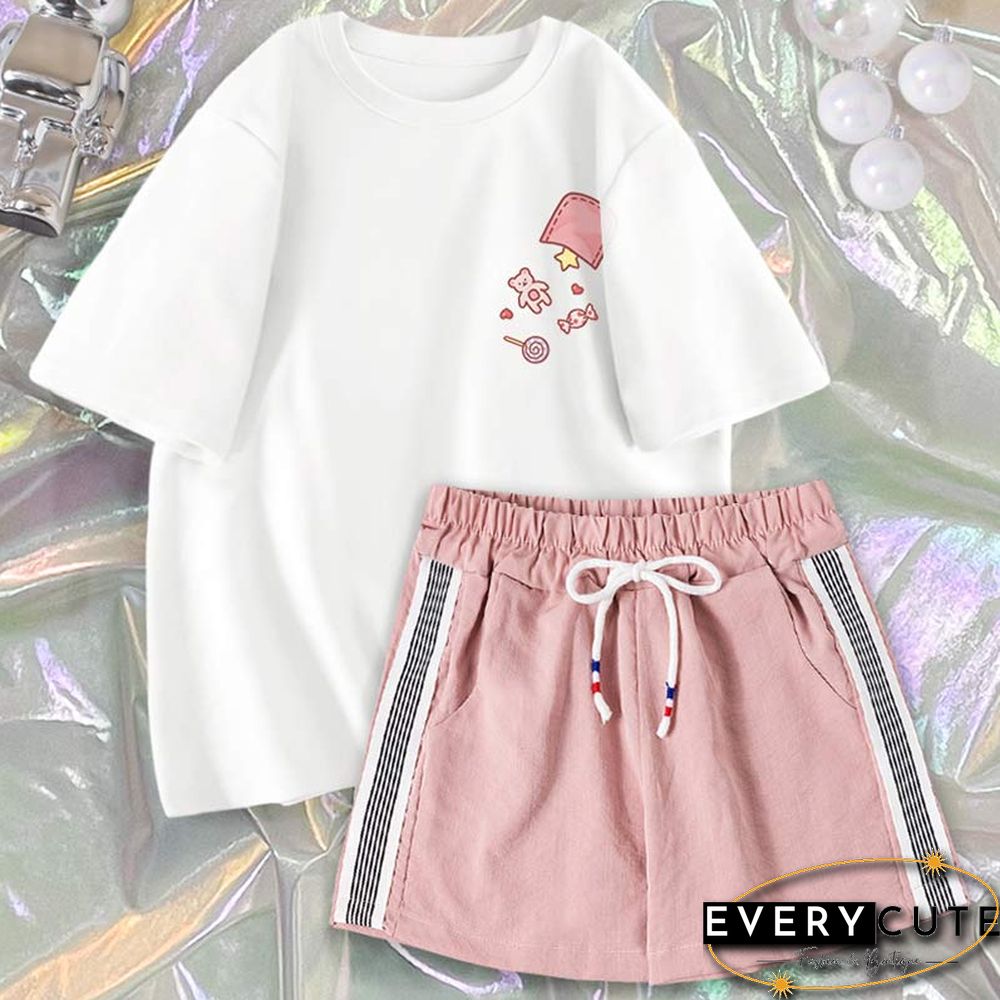 Cartoon Print Casual T-Shirt Shorts Set