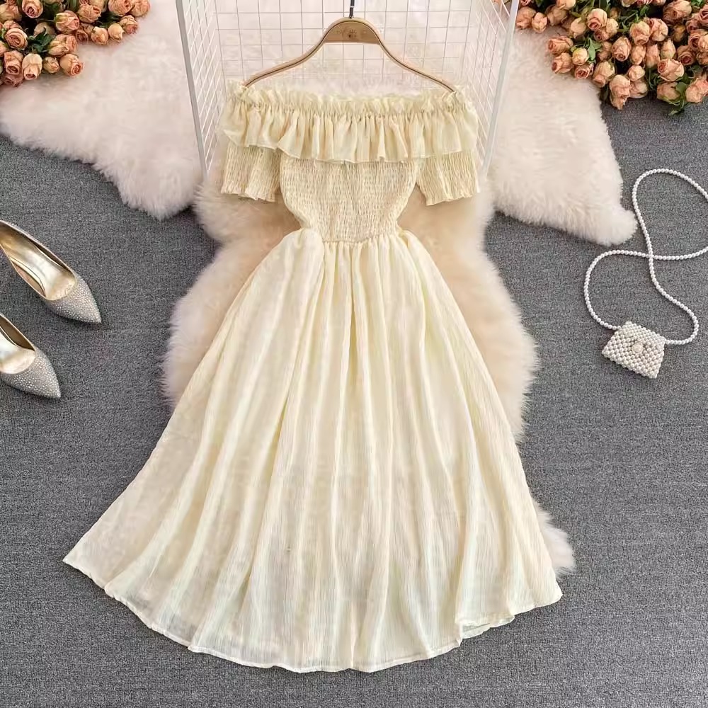 YuooMuoo Korean Ruffled Off Shouders Party Dress Wome Summer Short Sleeve Vacation Chiffon Dress Beach Vestidos