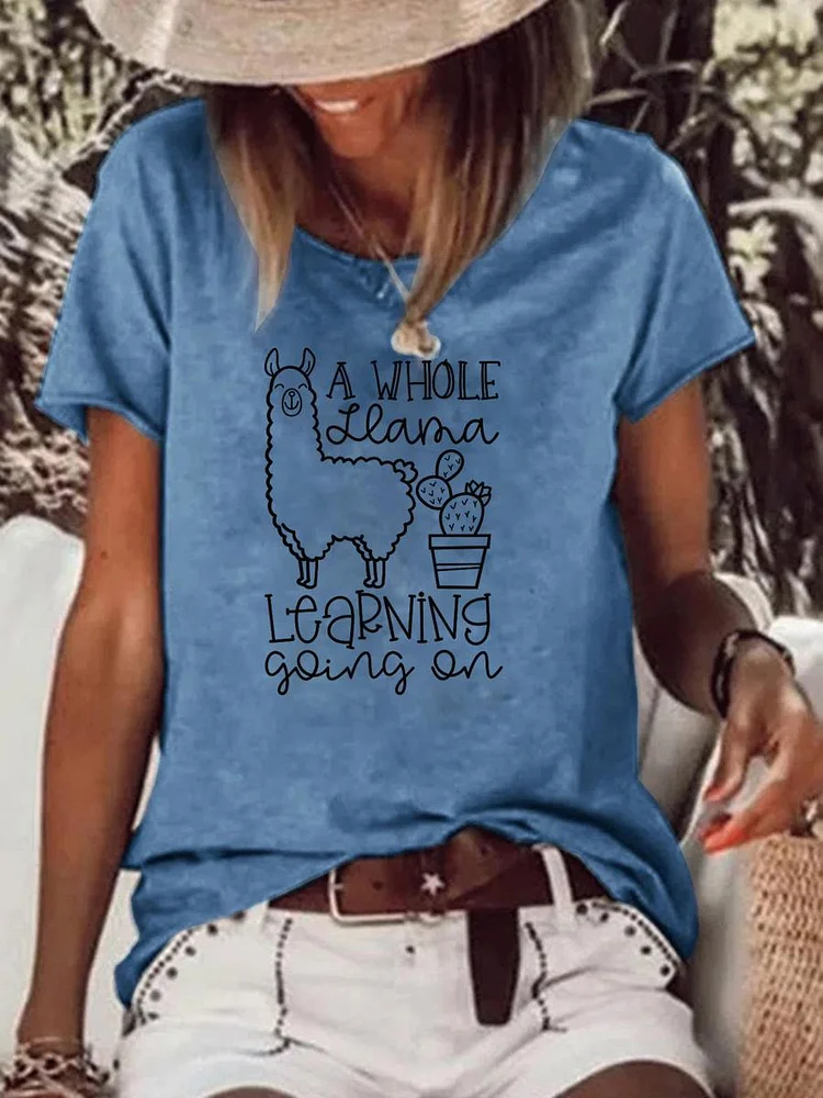 A Whole Llama Learning Going On Teacher Raw Hem Tee