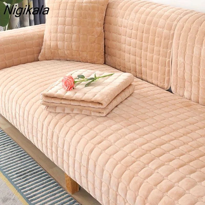Nigikala Sofa Cover Cushion Plush Non-slip Thickened SlipCover Cushion Cover Universal Solid Color Dust-proof Sofa Seat Cover