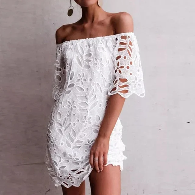 Off Shoulder Short Sleeve White Sundress Sexy Mini Dress