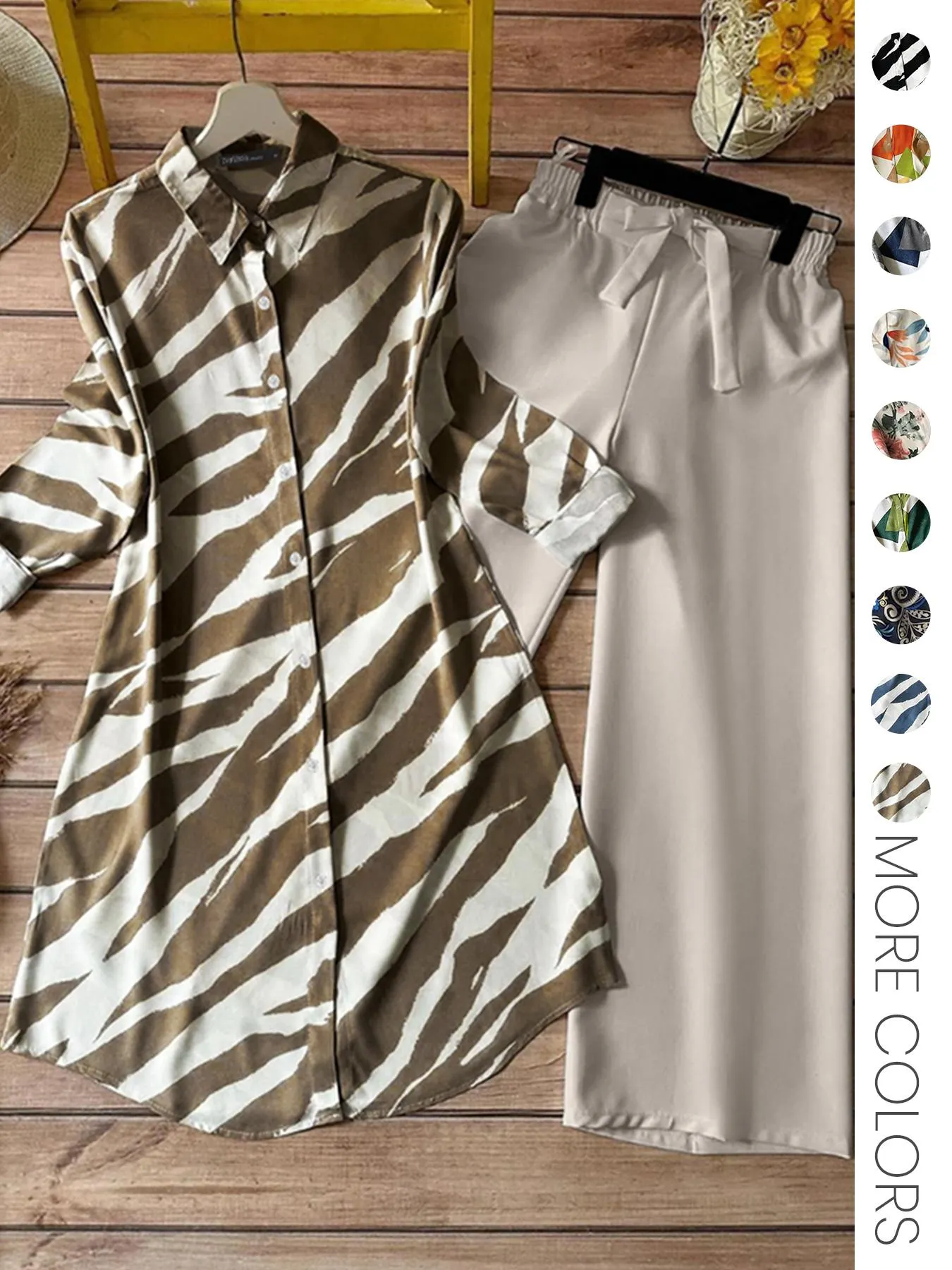 Two-piece Women's All-Over Print Button Shirt & Wide Leg Pants Set, Casual Long Sleeve Collared Top & Trousers for Daily Wear, Ladies Clothes for All Seasons
