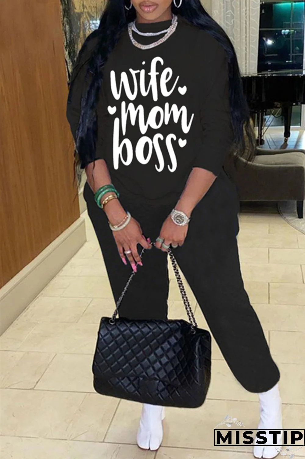 Black Fashion Casual Letter Print Basic O Neck Long Sleeve Two Pieces