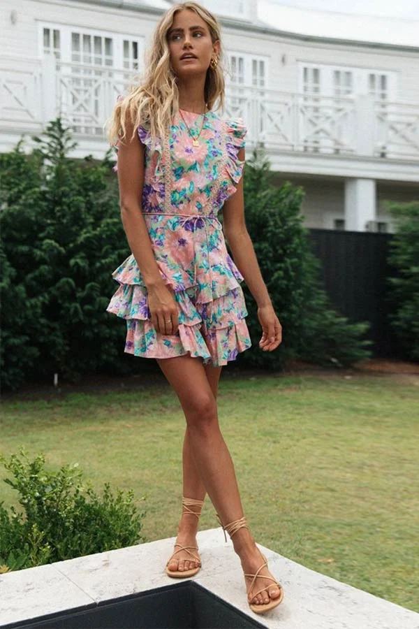 Sexy Floral Print Ruffle Backless Dress