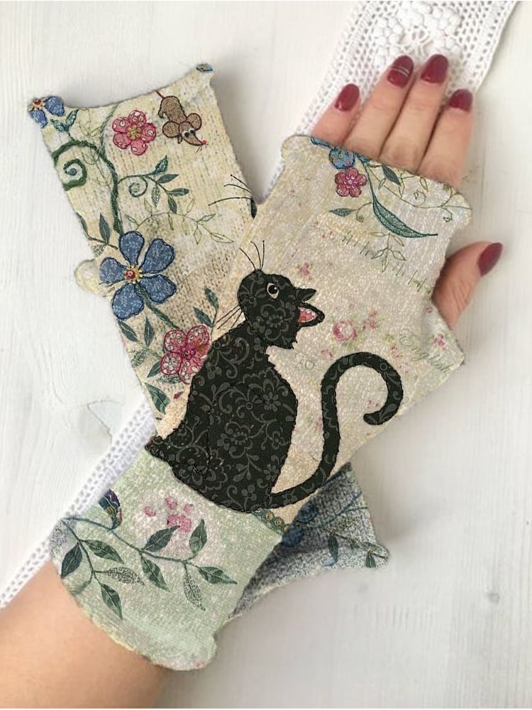 Retro Animal printing knit fingerless gloves