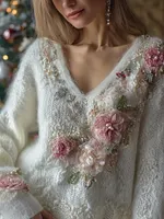 Elegant Pink Roses Embroidered V Neck Cozy Knit Sweater
