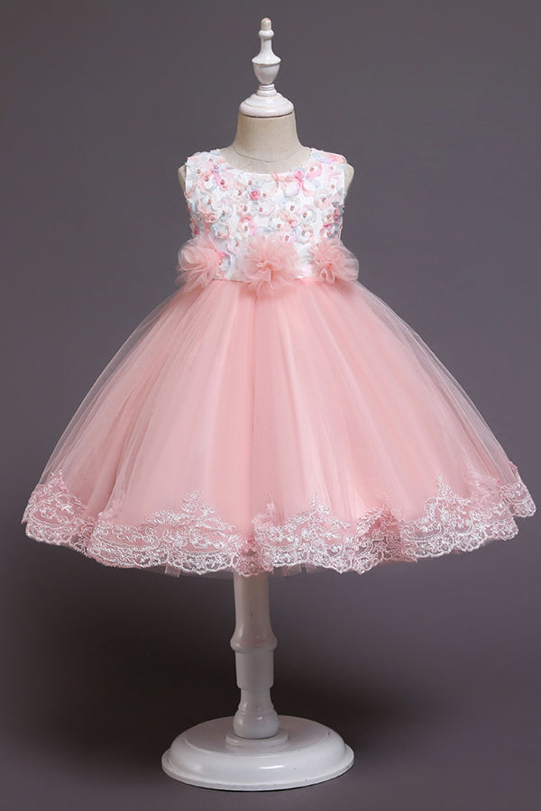 Oknass Jewel Sleeveless Knee Length Flower Girl Dress Lace with Appliques Bow 