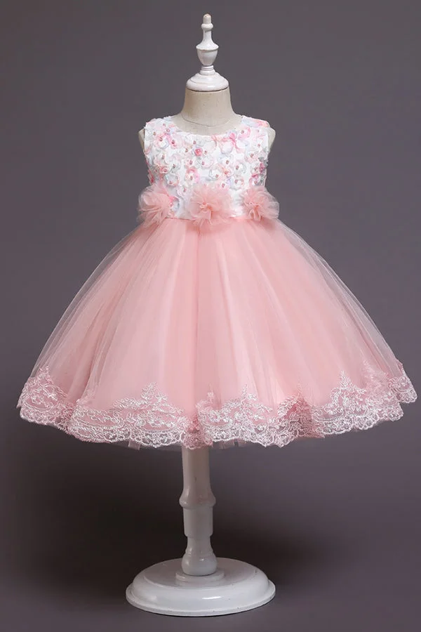Daisda Jewel Sleeveless Knee Length Flower Girl Dress Lace with Appliques Bow 