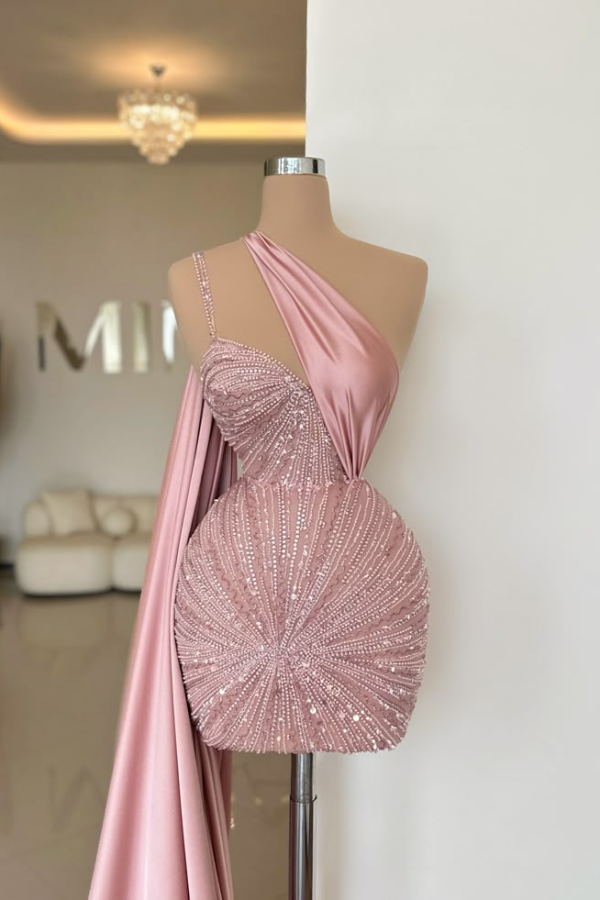 Ovlias Chic Pink Asymmetric Sleeveless Homecoming Dress Backless with Sequins HC0152