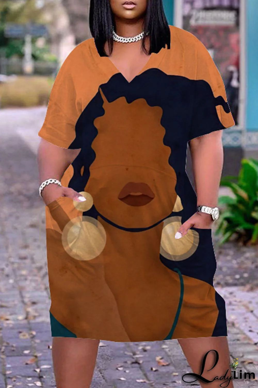 Beige Casual Street Print Patchwork V Neck Straight Dresses