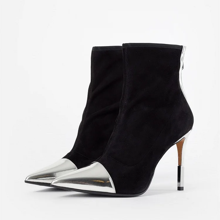 Black and Silver Stiletto Boots Pointy Toe Ankle Boots |FSJ Shoes