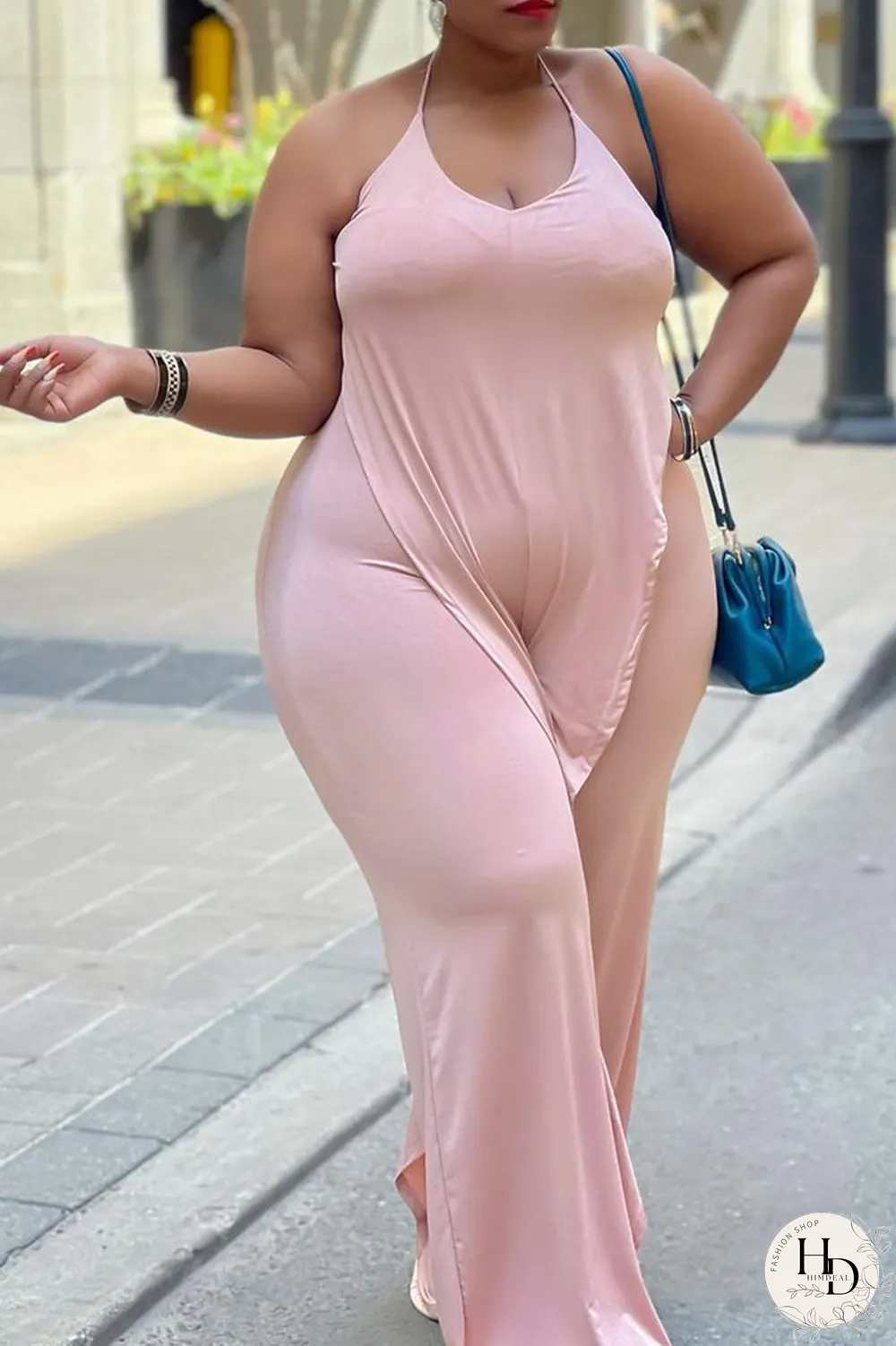 Blue Casual Solid Split Joint Halter Plus Size Jumpsuits