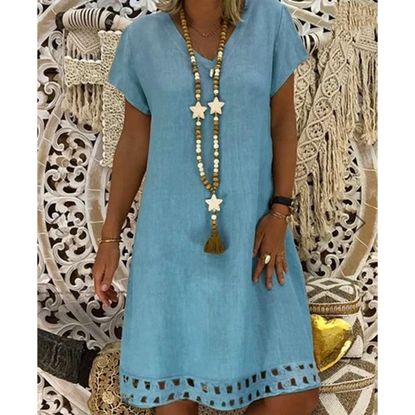 Women's Large Size Dresses Solid Color Fashion V-neck Short-sleeved Mid-length Dresses