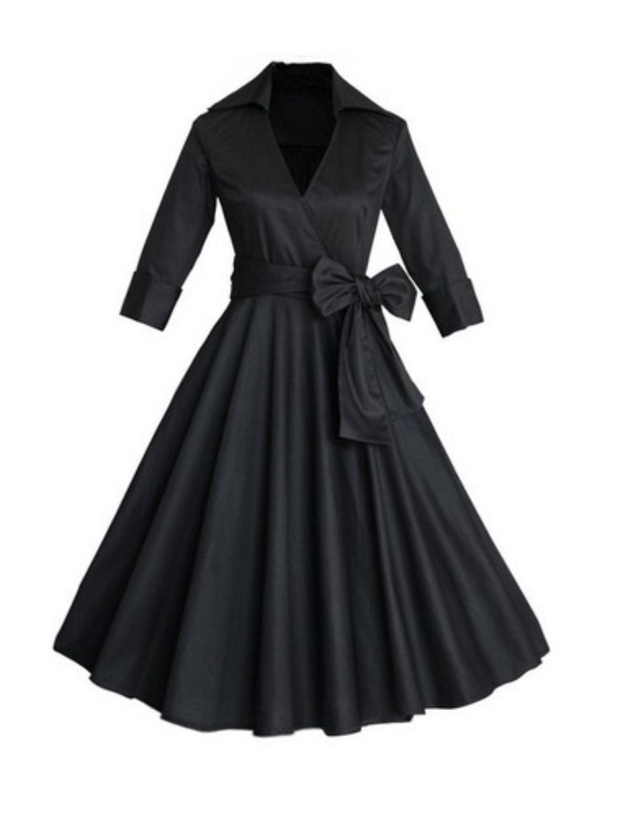 Vintage Dress Lapel Three-quarter Sleeves Bowknot High Waist Midi Swing Dresses