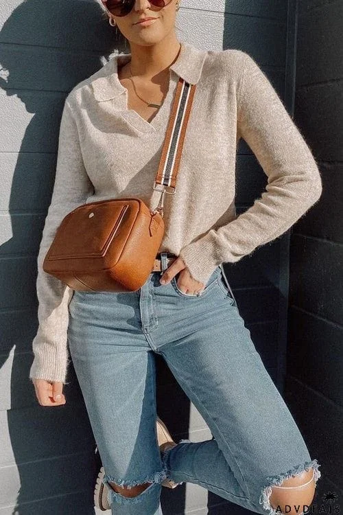 V Turndown Collar Sweater