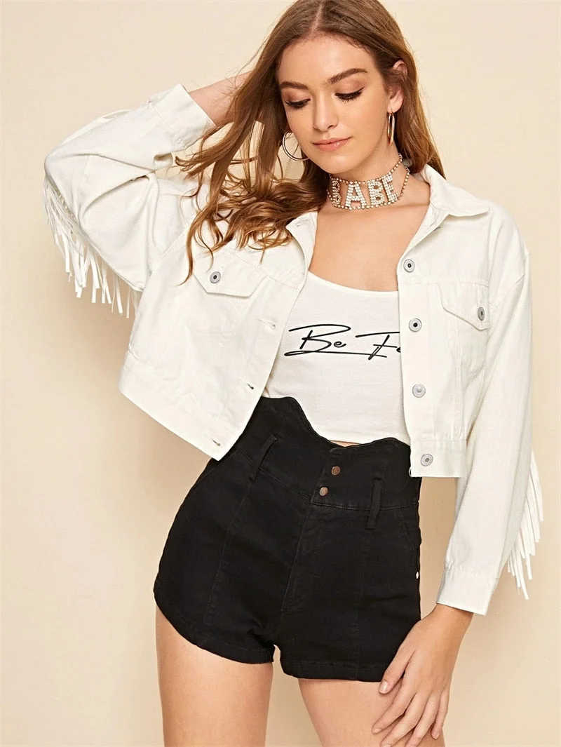 New Autumn Women Fashion Long Sleeve Casual Ladies Outerwear Chaqueta Mujer Stylish Fringe Beaded Loose Denim Jacket Coat