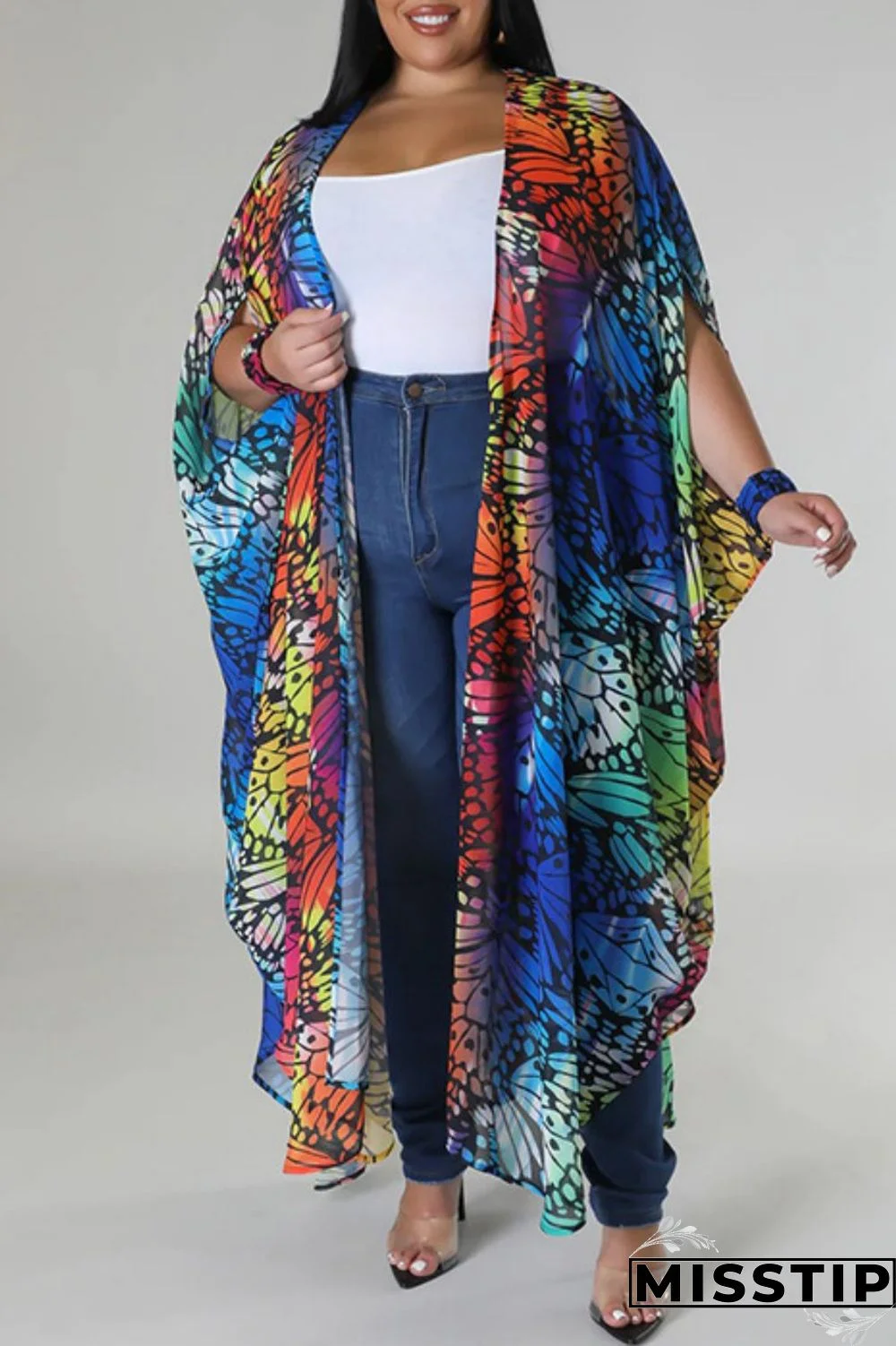 Multicolor Casual Print Cardigan Plus Size Two Pieces