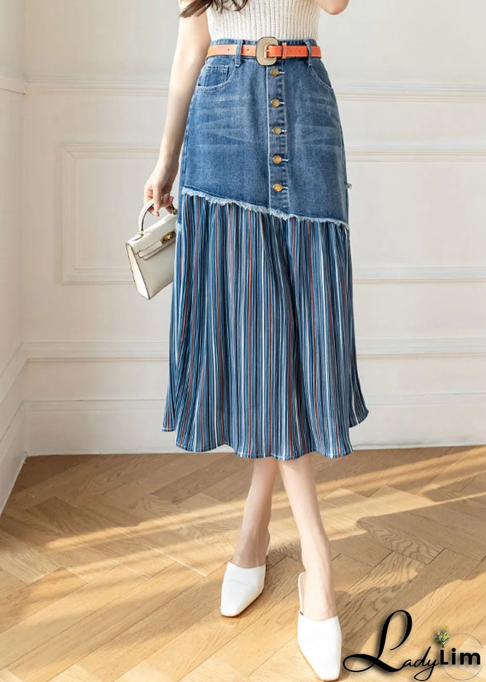 Modern Blue High Waist Sashes Asymmetrical Patchwork Cotton Denim Skirts Summer