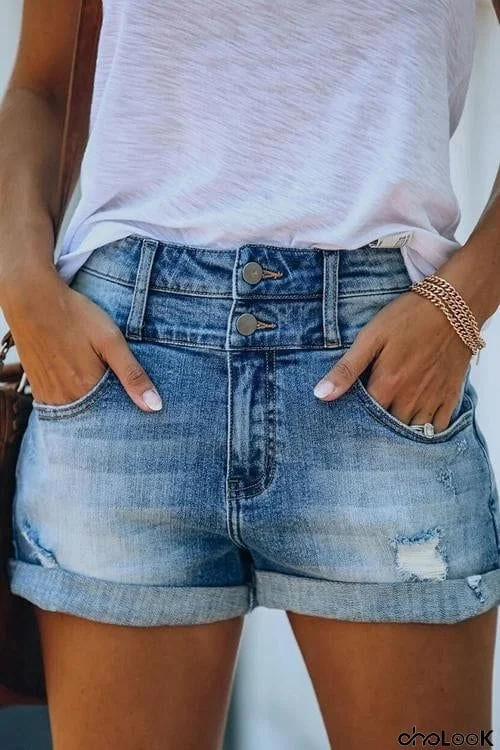 Double Waist Denim Shorts With Turn-Ups