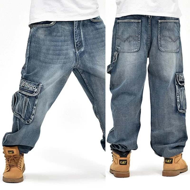 HOT New 2021 Large Size 30-44 46 Jeans Fashion Loose Big Pockets Hip-Hop Skateboard Casual Men Denim Blue & Black Design Brand