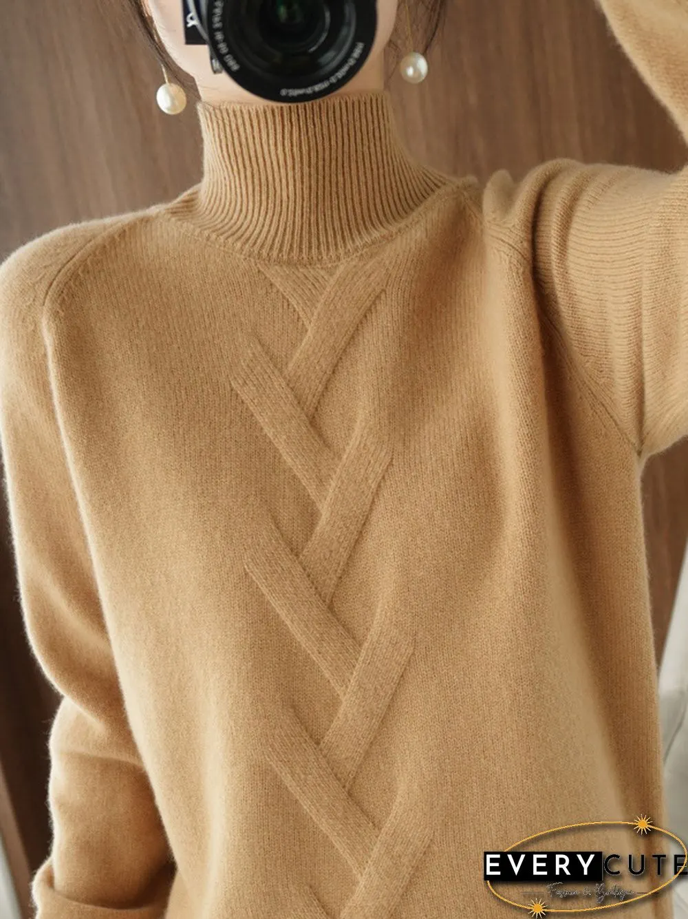 Casual Loose Long Sleeves Solid Color High-Neck Sweater Tops