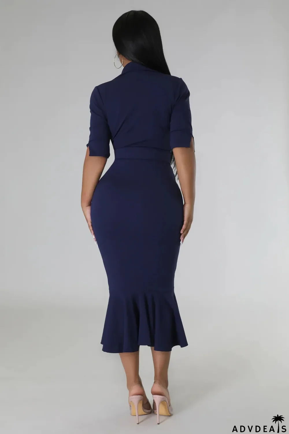 Solid Color Ruffles Waist Belt Midi Dress