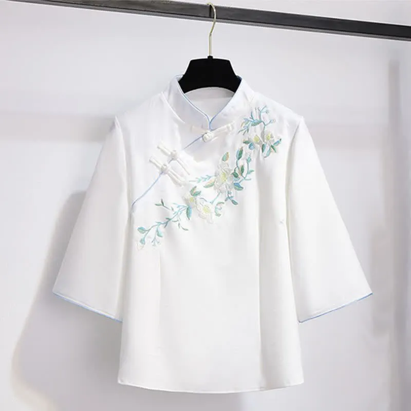 Vintage Hanfu Floral Embroidery Shirt Skirt Two Pieces Set