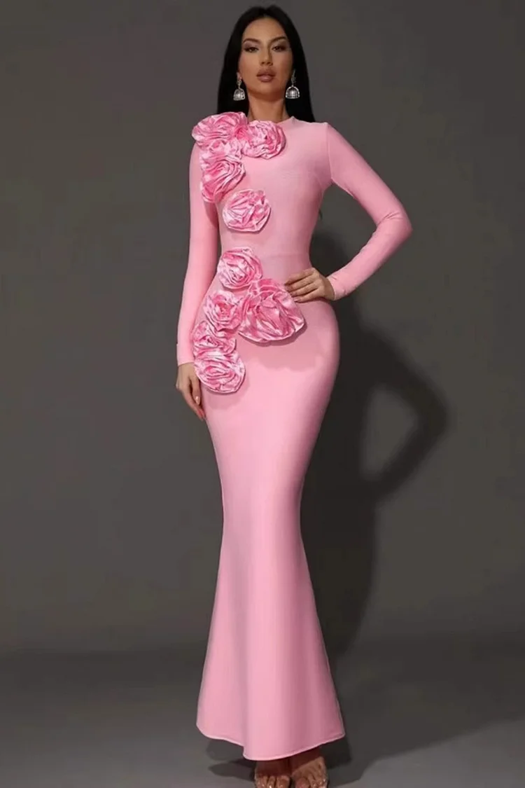 3D Floral Long Sleeve Mermaid Maxi Dress-Pink