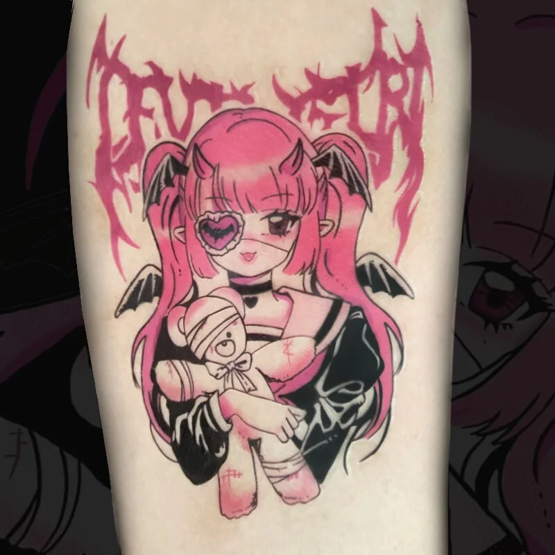 Sdrawing Temporary Tattoo Sticker Anime Cartoon Cute Pink Hair Girl Flower Necklace Fake Tatto Flash Tatoo Art for Women Men