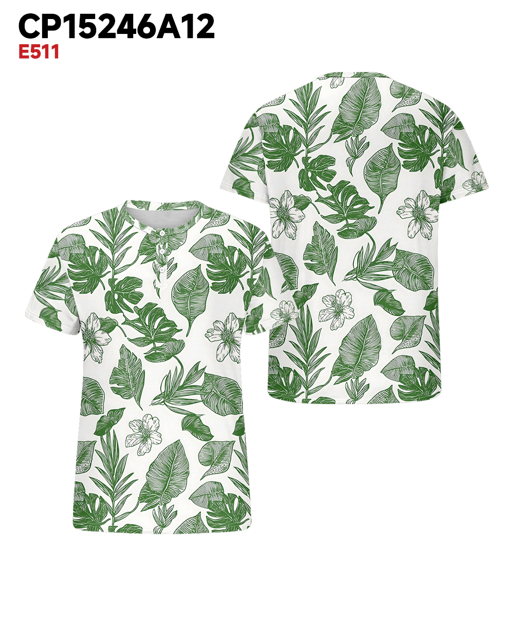 Men's Plus Size Hawaiian Green Leaf Floral Print Henley Collar Button Short Sleeve Tee