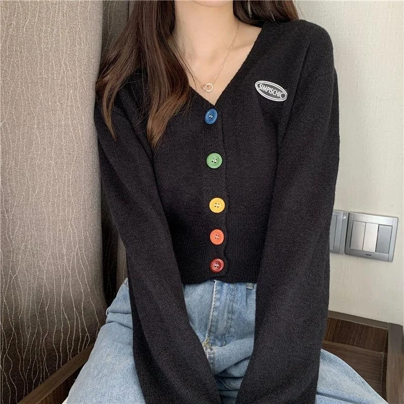 Korean Autumn Cropped Cardigan Sweaters With Button Women Casual V Neck Long Sleeve Sweater Women Knitted Cardigan