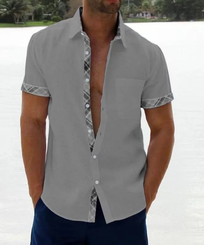 Men's casual color contrast lapel top