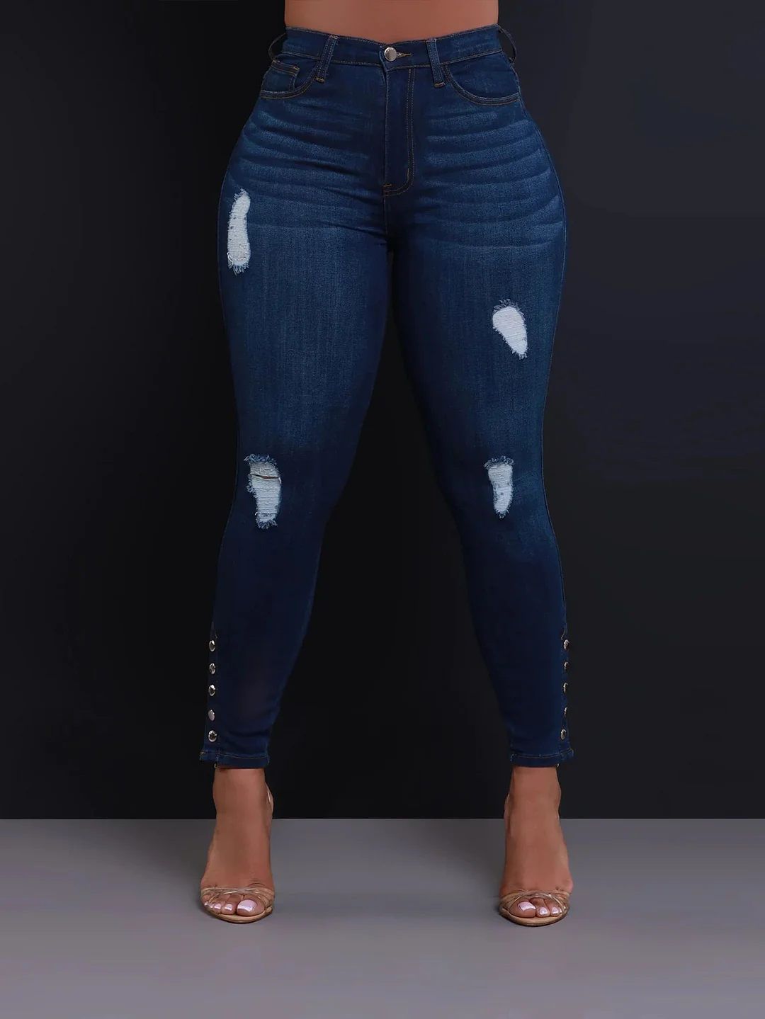 Women's Mid-waist Slim-fitting Elastic Ripped Jeans