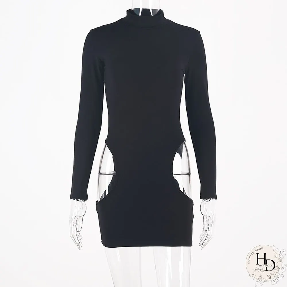 Summer Sexy Hollow Out Dress Women Turtleneck Long Sleeve Neon Green Wrap Mini Bodycon