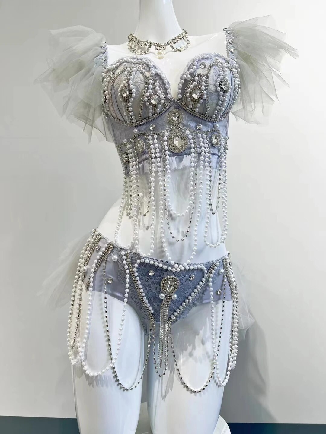 VCSHOES Nightclub Dancer Team Stage Wear Gray Rhinestones Pearl Bikini Tutu Mini Skirt Rave Outfits Music Festival Clothing