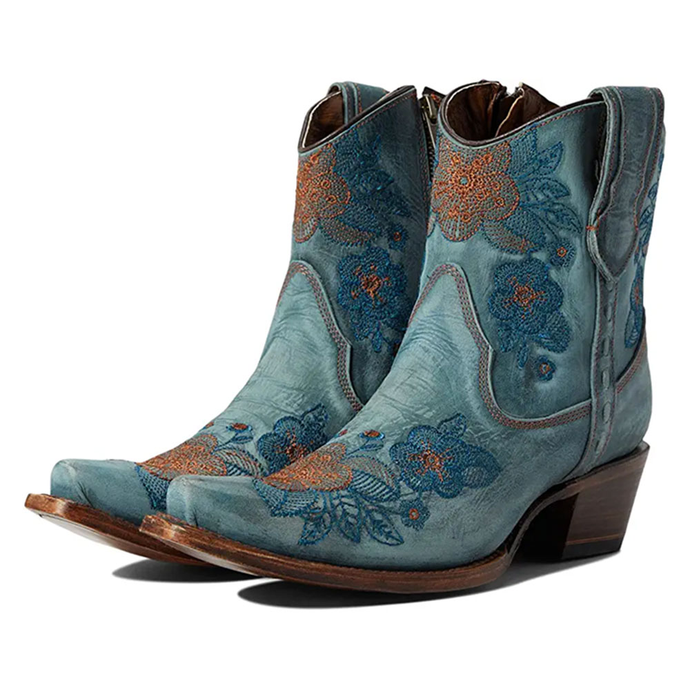Distressed Blue Floral Embroidered Cowgirl Boots with Block Heel
