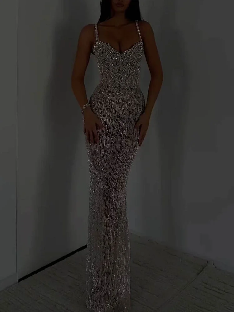 Shiny Rhinestone Spaghetti-Neck Sleeveless Tassled  Maxi Dresses Party Dresses