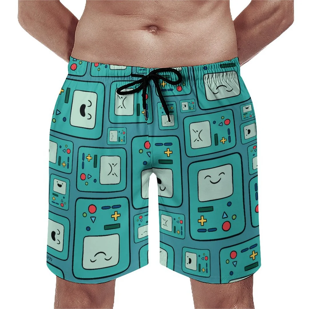 Adventure Time Bmo Character Toss Triangular Men's Swim Trunks Summer Board Shorts Quick Dry Beach Short with Pockets